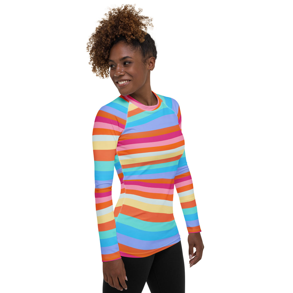 Women's Colorful Wavy Sand Stripe Long Sleeve Rash Guard Swim Shirt – Buttery Soft, Sun Safe UPF 50+ Protection, Quick Dry & 4-Way Stretch Comfort