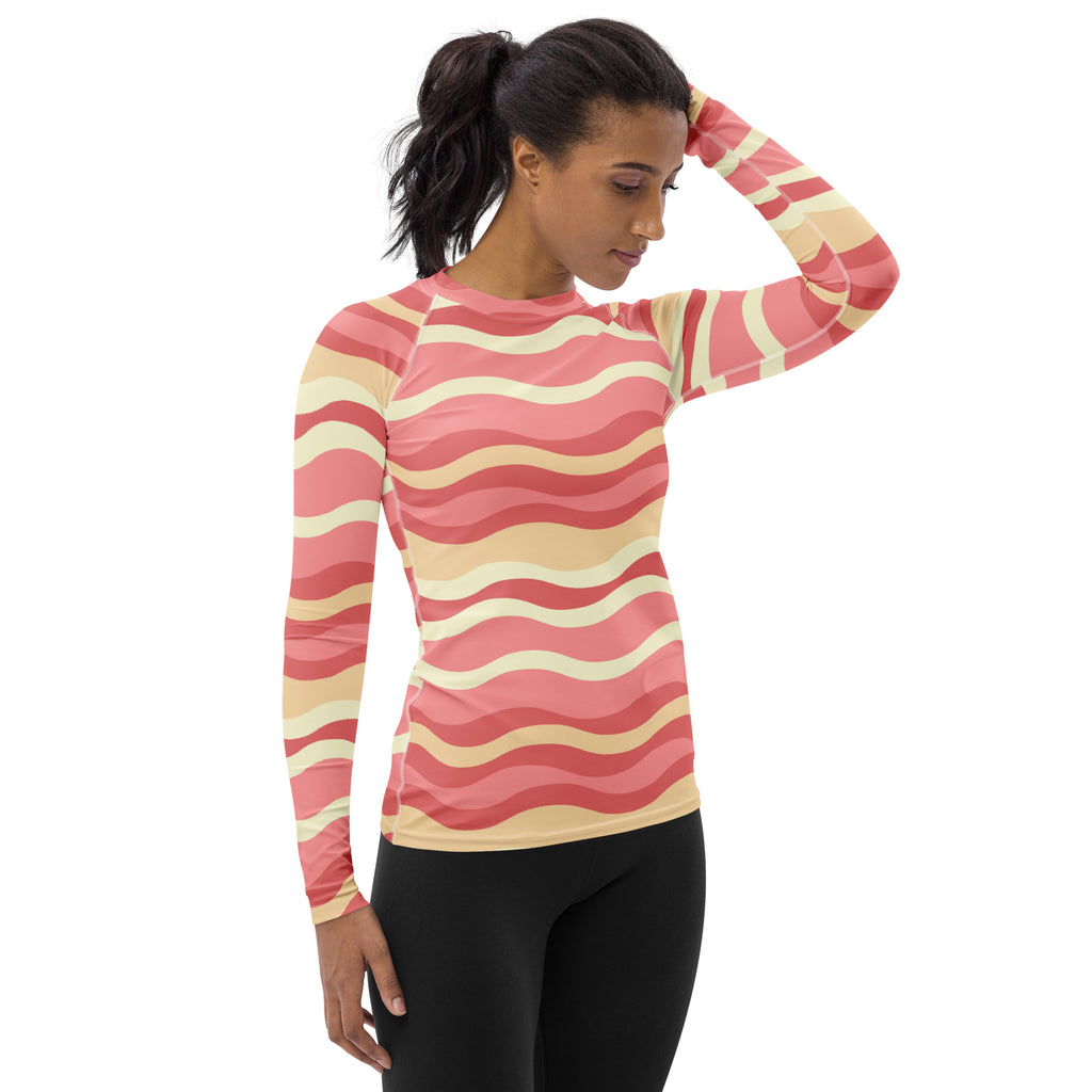 Women's Pink Wavy Stripe Long Sleeve Rash Guard Swim Shirt – Buttery Soft, Sun Safe UPF 50+ Protection, Quick Dry & 4-Way Stretch Comfort