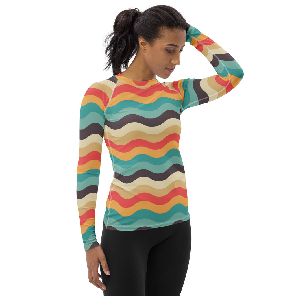 Women's Teal Coral Orange Wavy Stripe Long Sleeve Rash Guard Swim Shirt – Buttery Soft, Sun Safe UPF 50+ Protection, Quick Dry & 4-Way Stretch Comfort