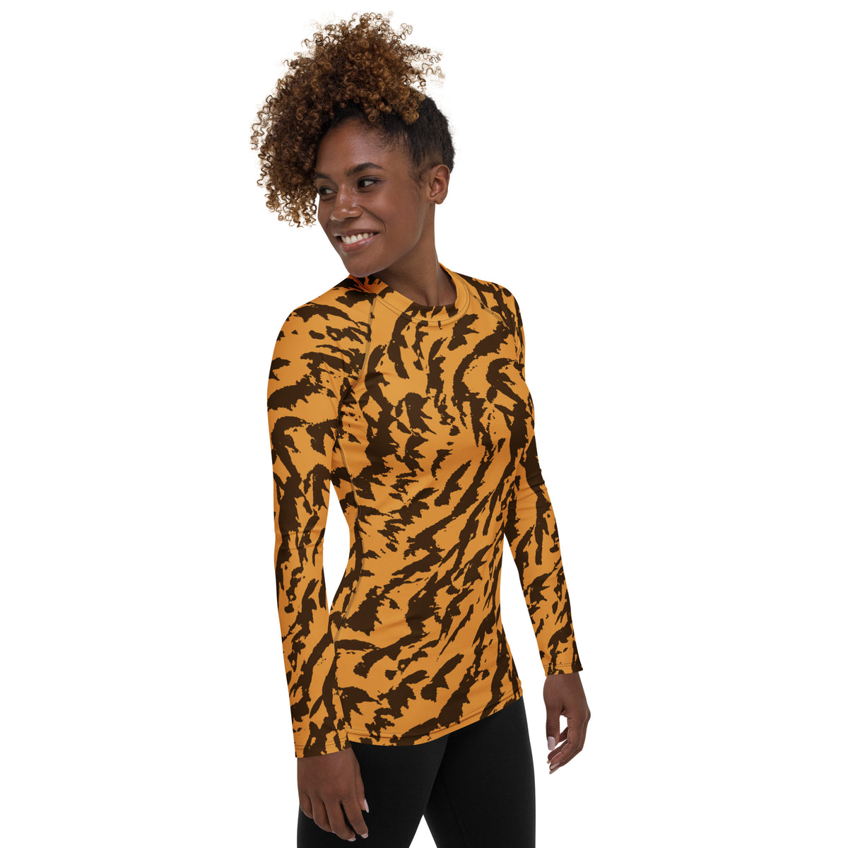 Women's Orange Tiger Print Long Sleeve Rash Guard Swim Shirt – Buttery Soft, Sun Safe UPF 50+ Protection, Quick Dry & 4-Way Stretch Comfort