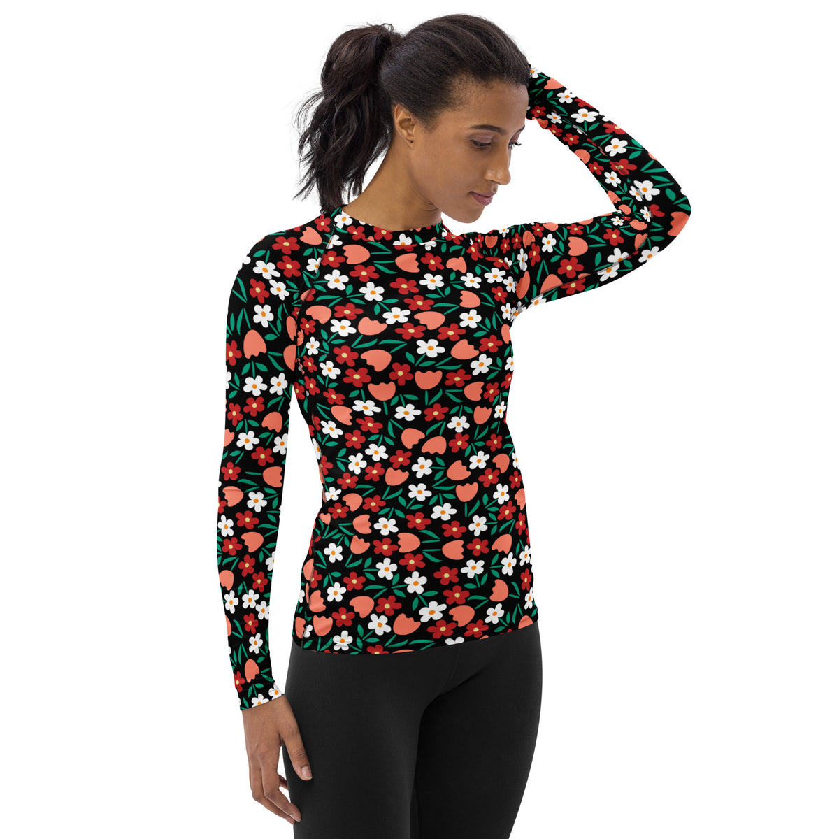 Women's Red Coral & White Flower Long Sleeve Rash Guard Swim Shirt – Buttery Soft, Sun Safe UPF 50+ Protection, Quick Dry & 4-Way Stretch Comfort