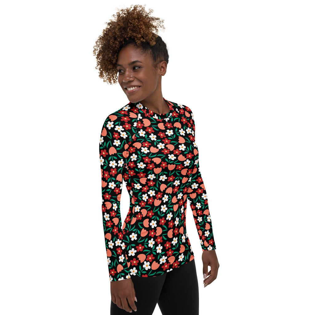 Women's Red Coral & White Flower Long Sleeve Rash Guard Swim Shirt – Buttery Soft, Sun Safe UPF 50+ Protection, Quick Dry & 4-Way Stretch Comfort