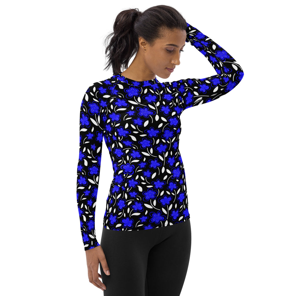 Women's Blue Floral Long Sleeve Rash Guard Swim Shirt – Buttery Soft, Sun Safe UPF 50+ Protection, Quick Dry & 4-Way Stretch Comfort