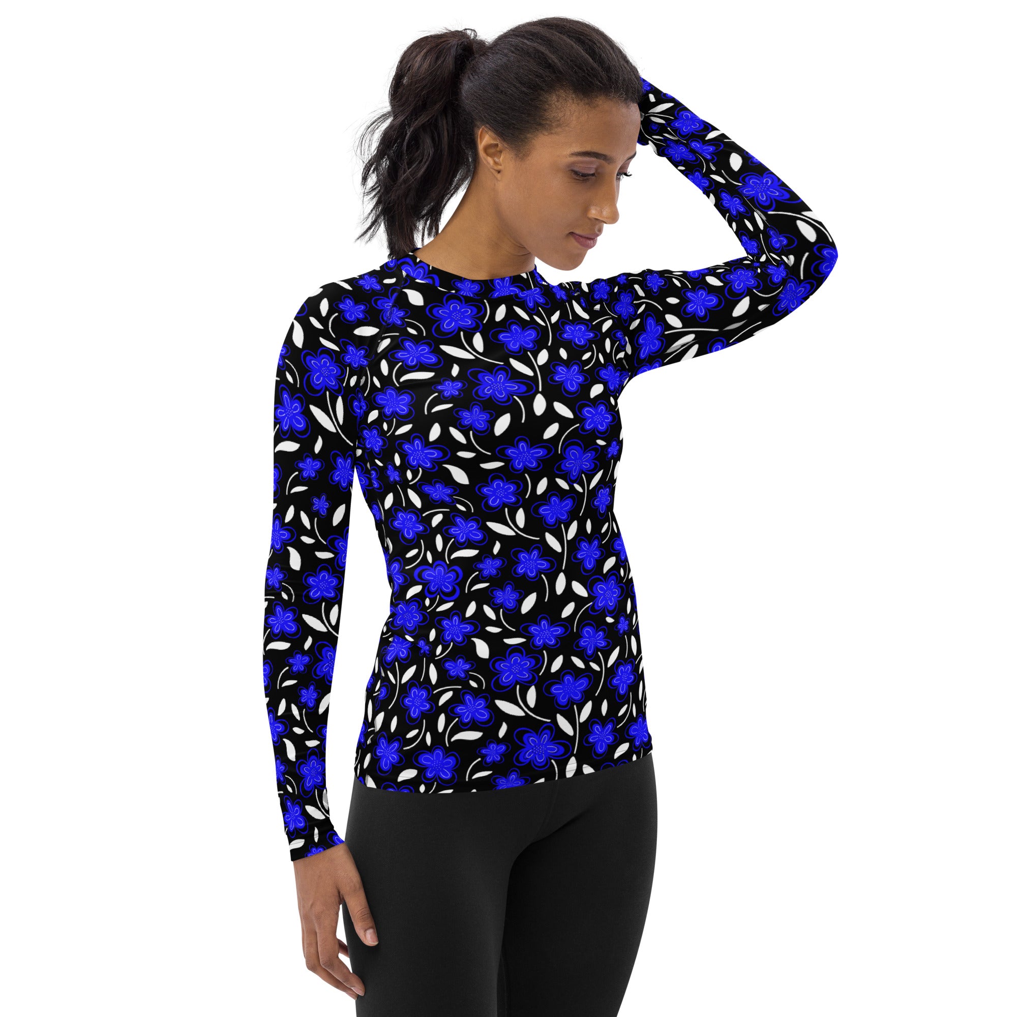 Women's Blue Floral Long Sleeve Rash Guard Swim Shirt – Buttery Soft, Sun Safe UPF 50+ Protection, Quick Dry & 4-Way Stretch Comfort