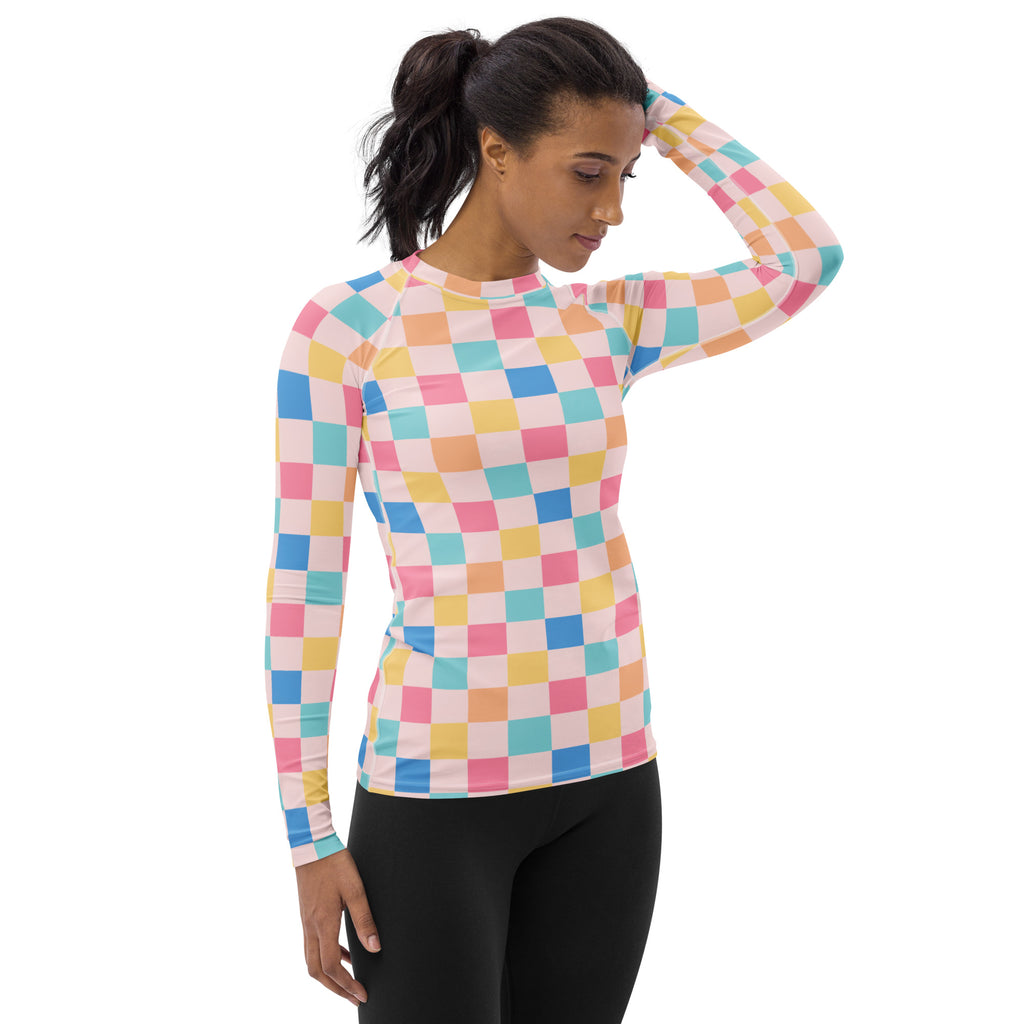 Women's Colorful Pastel Pink Checkerboard Long Sleeve Rash Guard Swim Shirt – Buttery Soft, Sun Safe UPF 50+ Protection, Quick Dry & 4-Way Stretch Comfort
