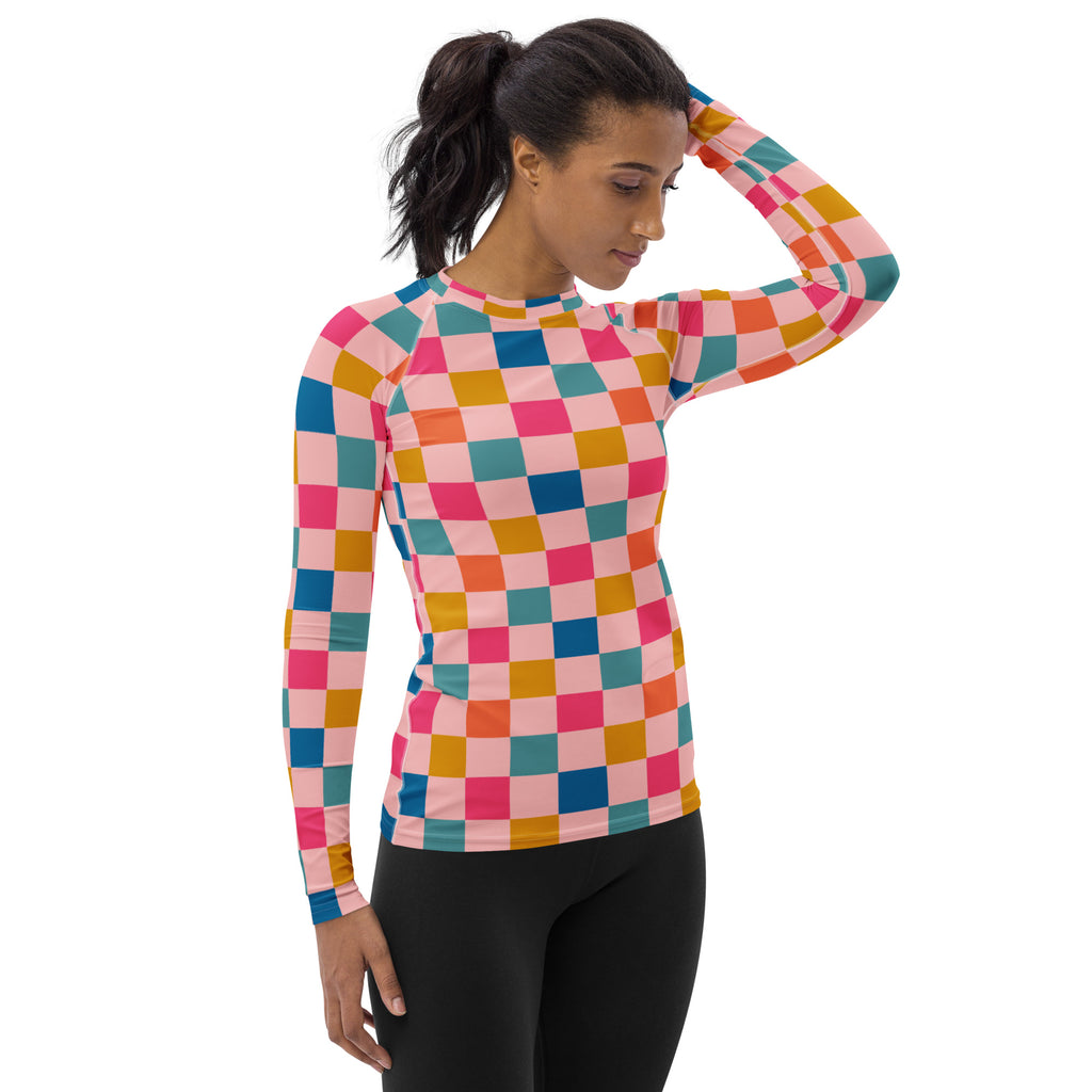 Women's Colorful Pink Checkerboard Long Sleeve Rash Guard Swim Shirt – Buttery Soft, Sun Safe UPF 50+ Protection, Quick Dry & 4-Way Stretch Comfort