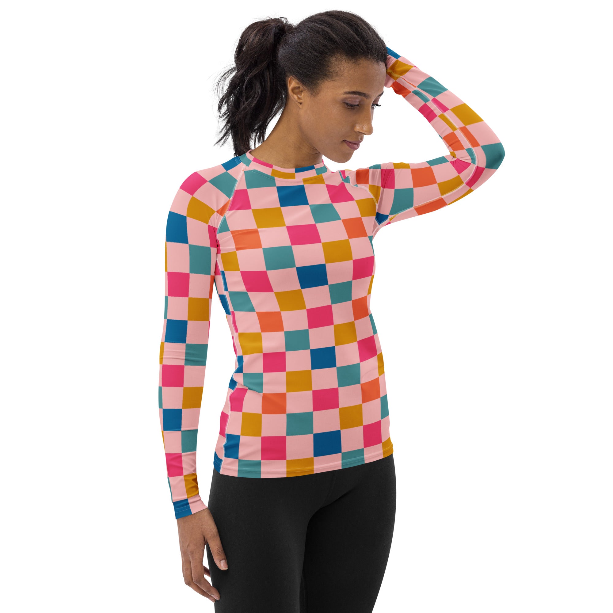 Women's Colorful Pink Checkerboard Long Sleeve Rash Guard Swim Shirt – Buttery Soft, Sun Safe UPF 50+ Protection, Quick Dry & 4-Way Stretch Comfort