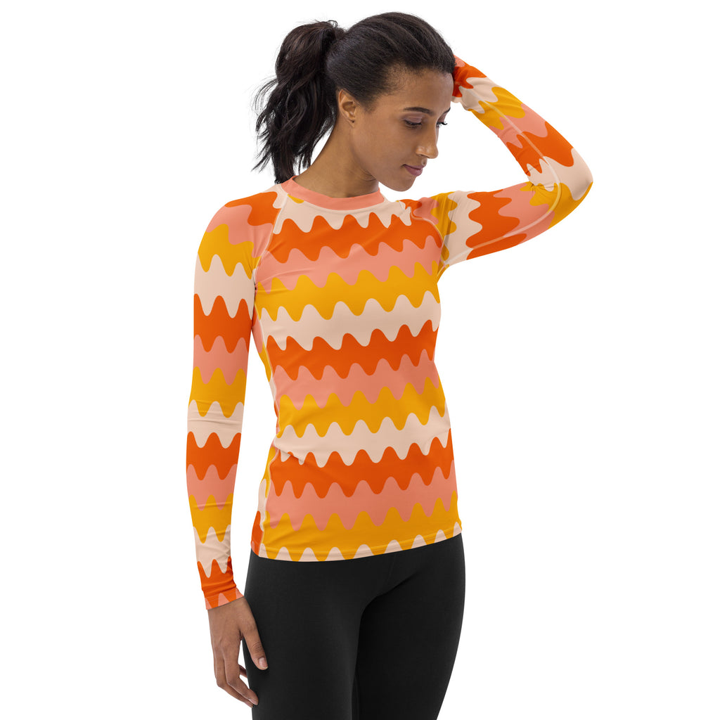 Women's Orange Retro Wavy Stripe Long Sleeve Rash Guard Swim Shirt – Buttery Soft, Sun Safe UPF 50+ Protection, Quick Dry & 4-Way Stretch Comfort