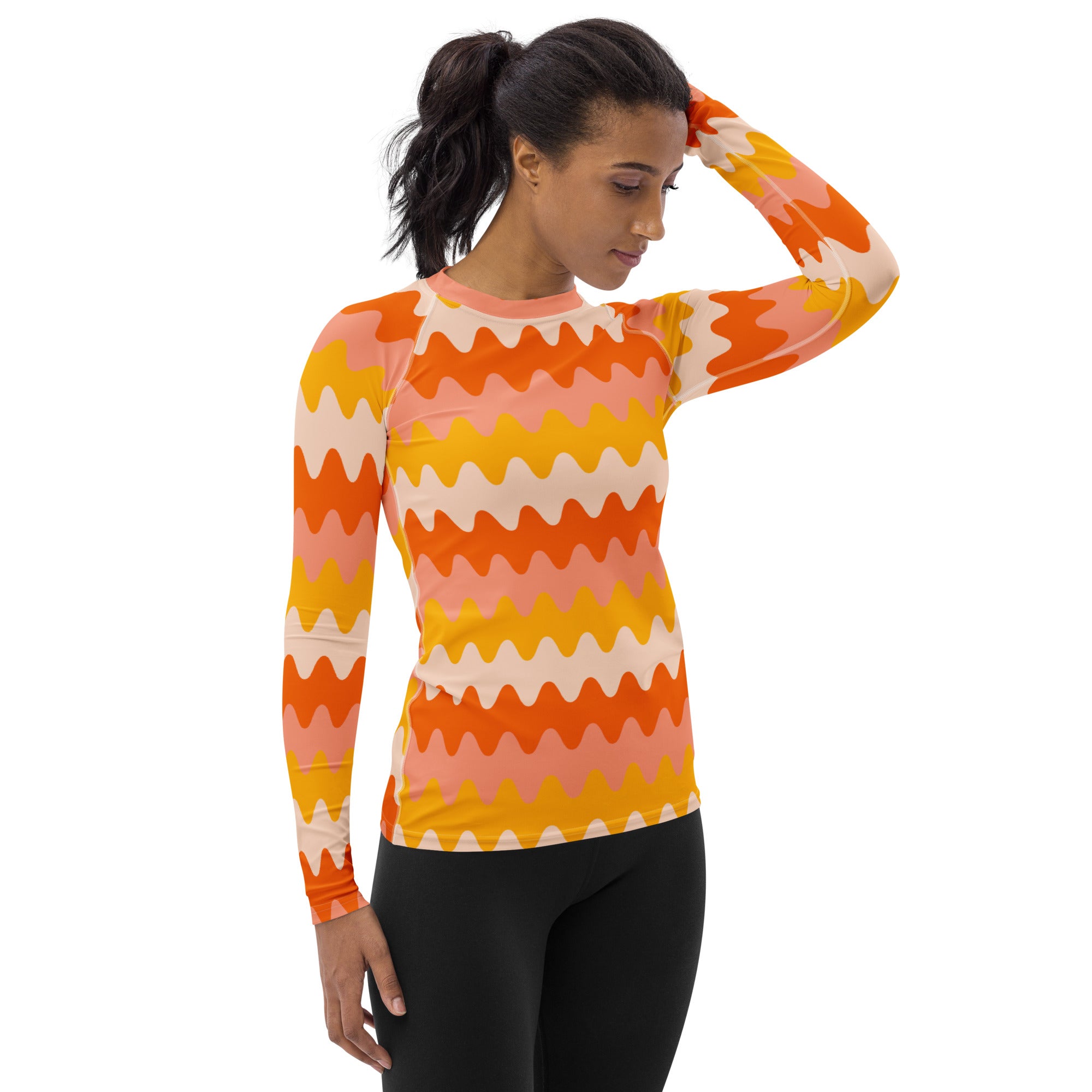 Women's Orange Retro Wavy Stripe Long Sleeve Rash Guard Swim Shirt – Buttery Soft, Sun Safe UPF 50+ Protection, Quick Dry & 4-Way Stretch Comfort