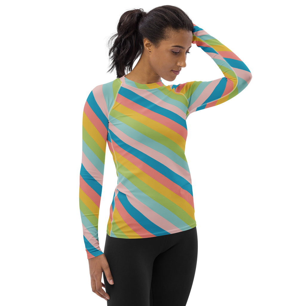 Women's Colorful Diagonal Striped Long Sleeve Rash Guard Swim Shirt – Buttery Soft, Sun Safe UPF 50+ Protection, Quick Dry & 4-Way Stretch Comfort