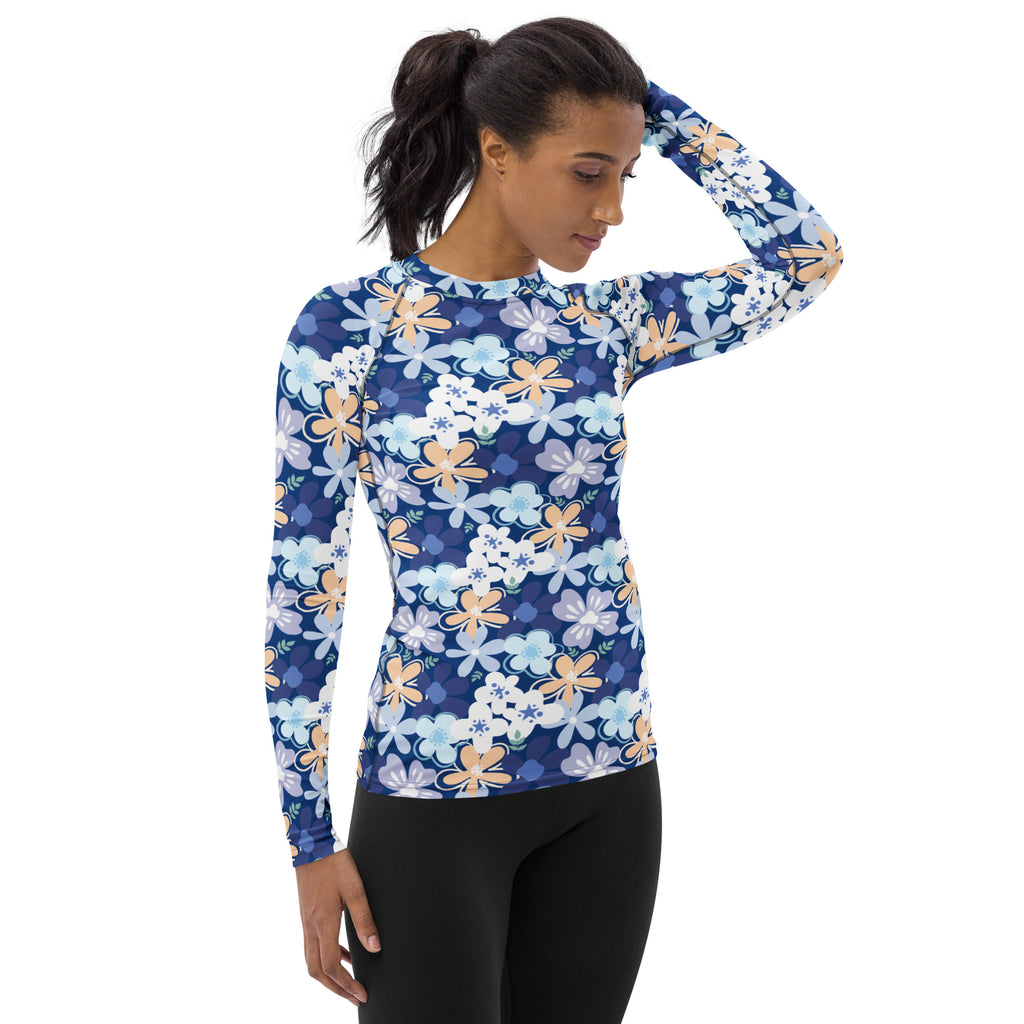 Women's Tropical Blue Floral Long Sleeve Rash Guard Swim Shirt – Buttery Soft, Sun Safe UPF 50+ Protection, Quick Dry & 4-Way Stretch Comfort