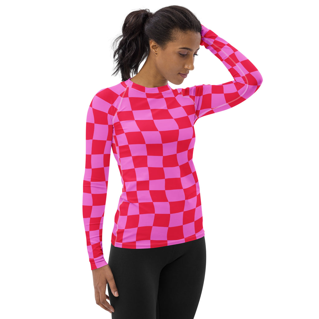 Women's Neon Wavy Pink Checkerboard Long Sleeve Rash Guard Swim Shirt – Buttery Soft, Sun Safe UPF 50+ Protection, Quick Dry & 4-Way Stretch Comfort