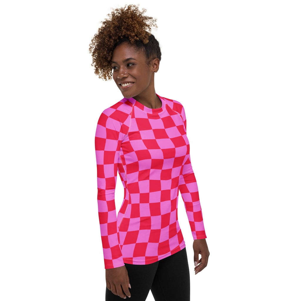 Women's Neon Wavy Pink Checkerboard Long Sleeve Rash Guard Swim Shirt – Buttery Soft, Sun Safe UPF 50+ Protection, Quick Dry & 4-Way Stretch Comfort
