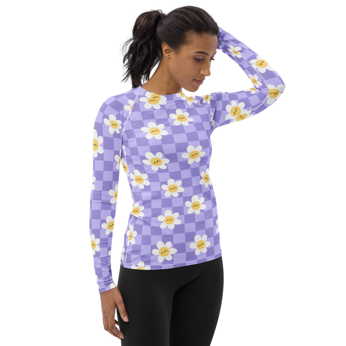 Women's Purple Checkerboard Daisy Long Sleeve Rash Guard Swim Shirt – Buttery Soft, Sun Safe UPF 50+ Protection, Quick Dry & 4-Way Stretch Comfort
