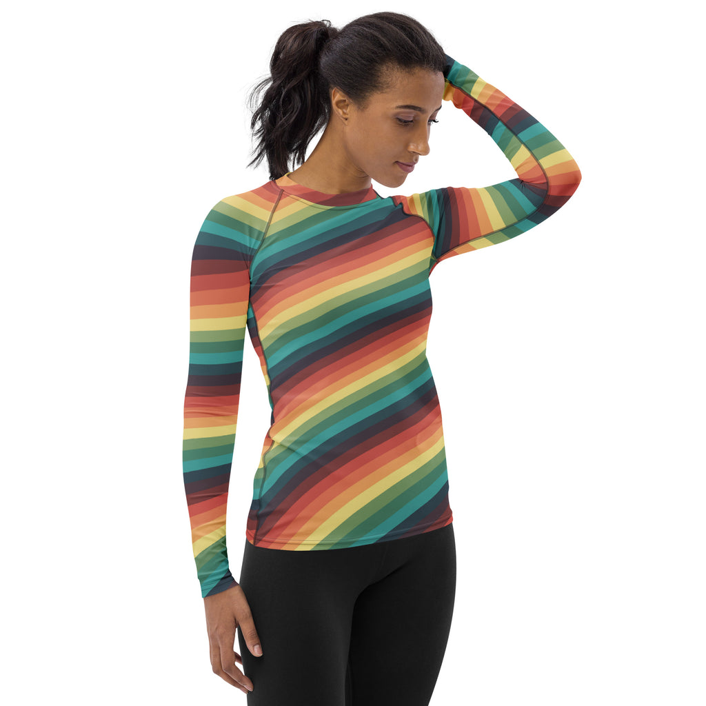 Women's Vintage Rainbow Stripe Long Sleeve Rash Guard Swim Shirt – Buttery Soft, Sun Safe UPF 50+ Protection, Quick Dry & 4-Way Stretch Comfort