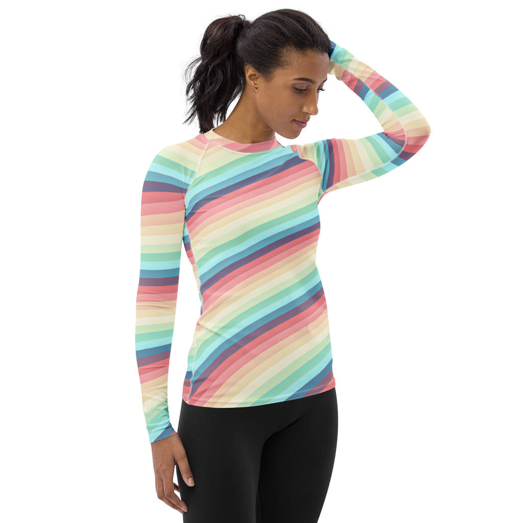 Women's Bright Rainbow Vintage Stripe Long Sleeve Rash Guard Swim Shirt – Buttery Soft, Sun Safe UPF 50+ Protection, Quick Dry & 4-Way Stretch Comfort