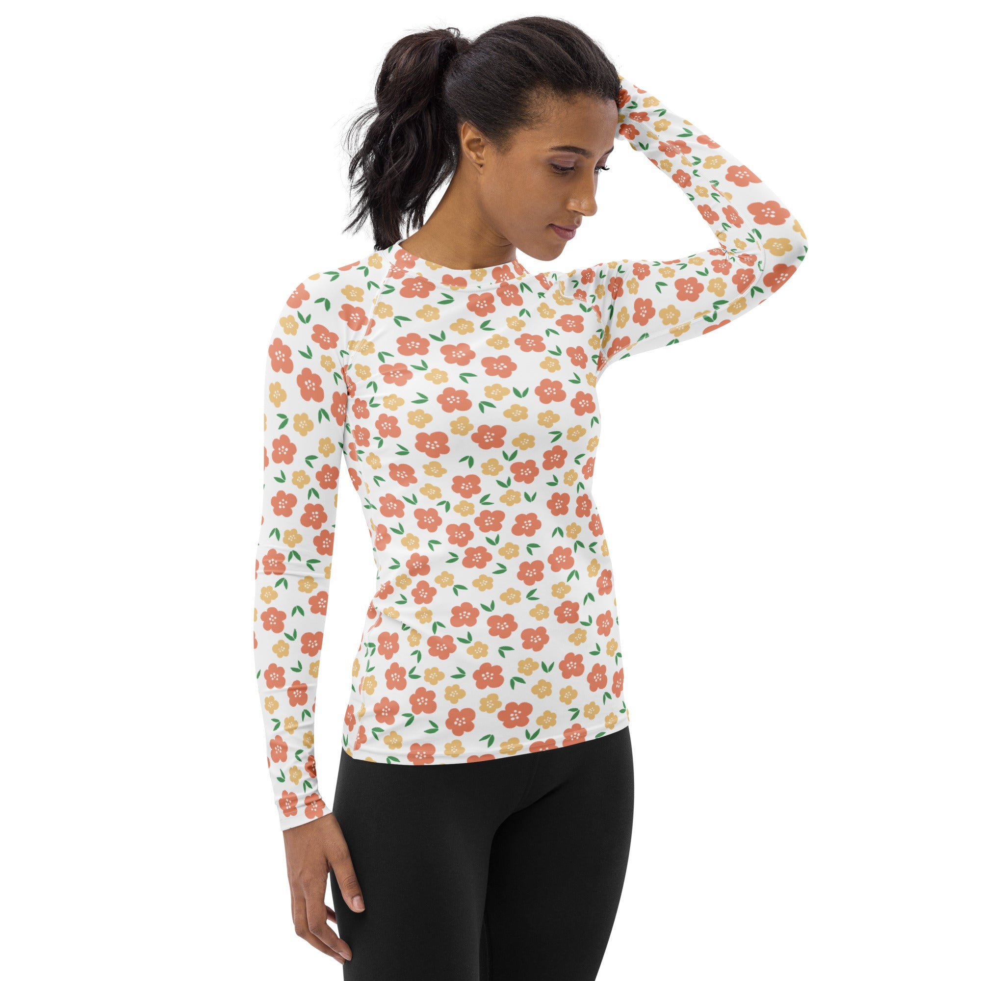 Women's Orange Floral Long Sleeve Rash Guard Swim Shirt – Buttery Soft, Sun Safe UPF 50+ Protection, Quick Dry & 4-Way Stretch Comfort