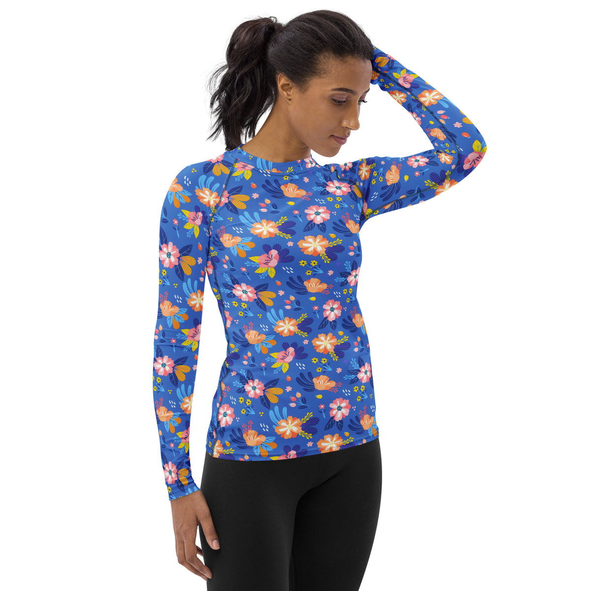 Women's Colorful Blue Floral Long Sleeve Rash Guard Swim Shirt – Buttery Soft, Sun Safe UPF 50+ Protection, Quick Dry & 4-Way Stretch Comfort