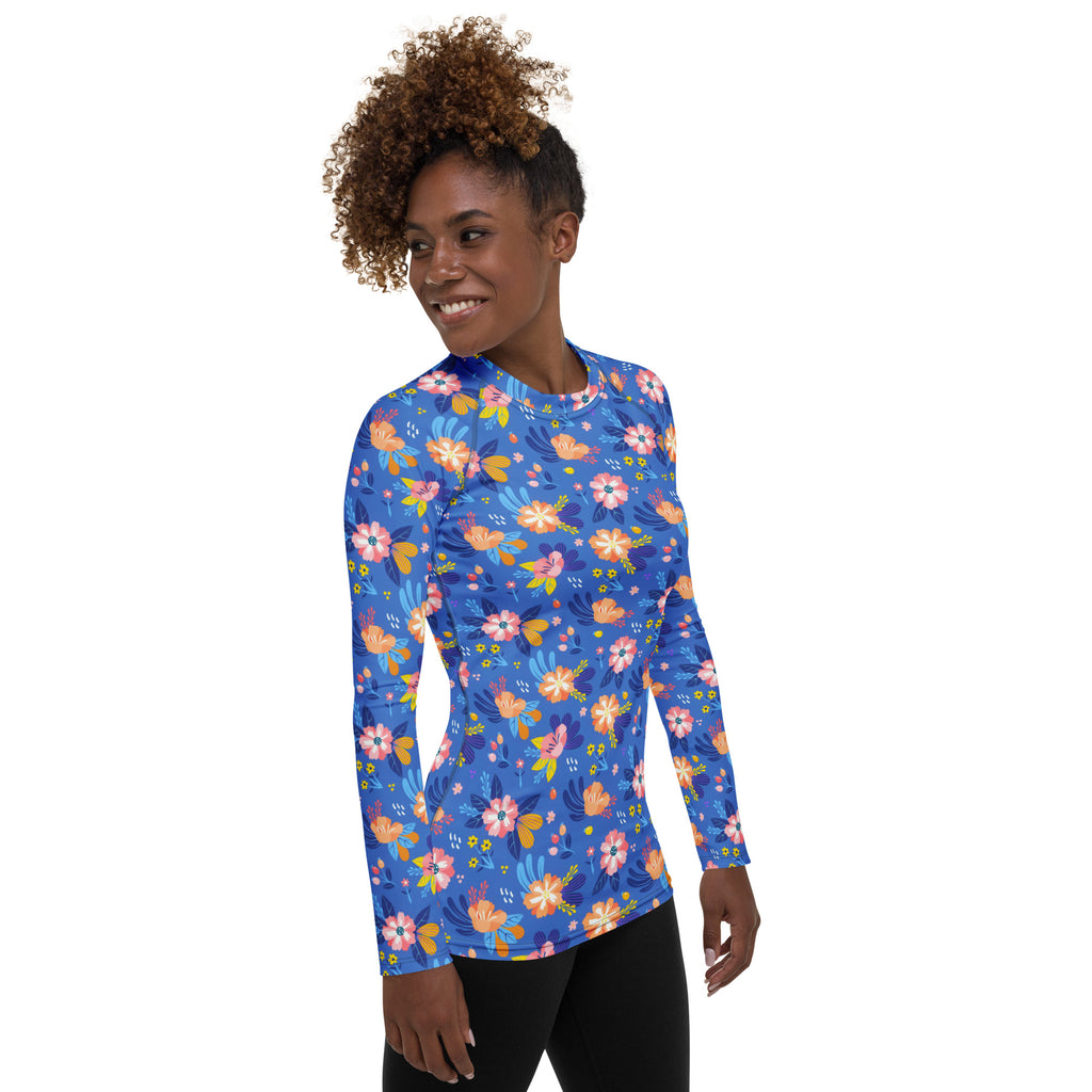 Women's Colorful Blue Floral Long Sleeve Rash Guard Swim Shirt – Buttery Soft, Sun Safe UPF 50+ Protection, Quick Dry & 4-Way Stretch Comfort