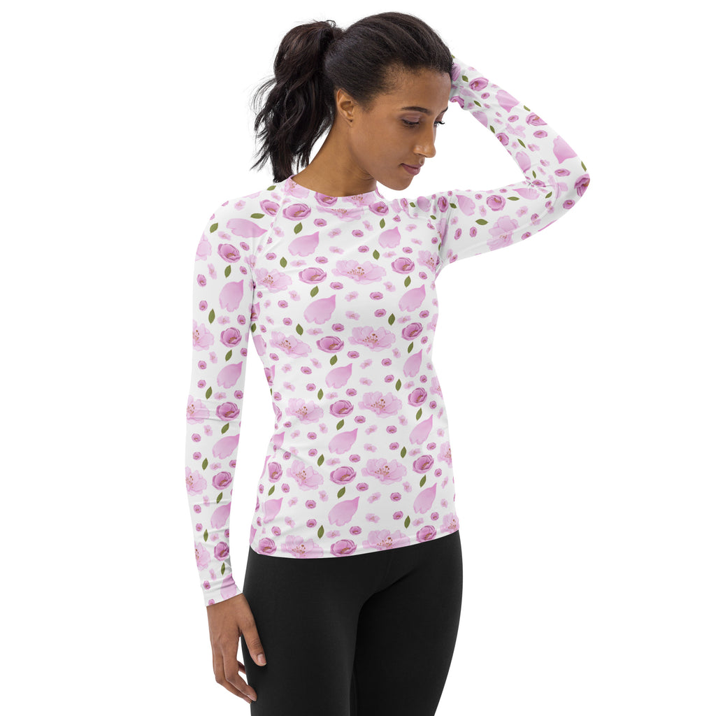 Women's Pink Cherry Blossom Long Sleeve Rash Guard Swim Shirt – Buttery Soft, Sun Safe UPF 50+ Protection, Quick Dry & 4-Way Stretch Comfort