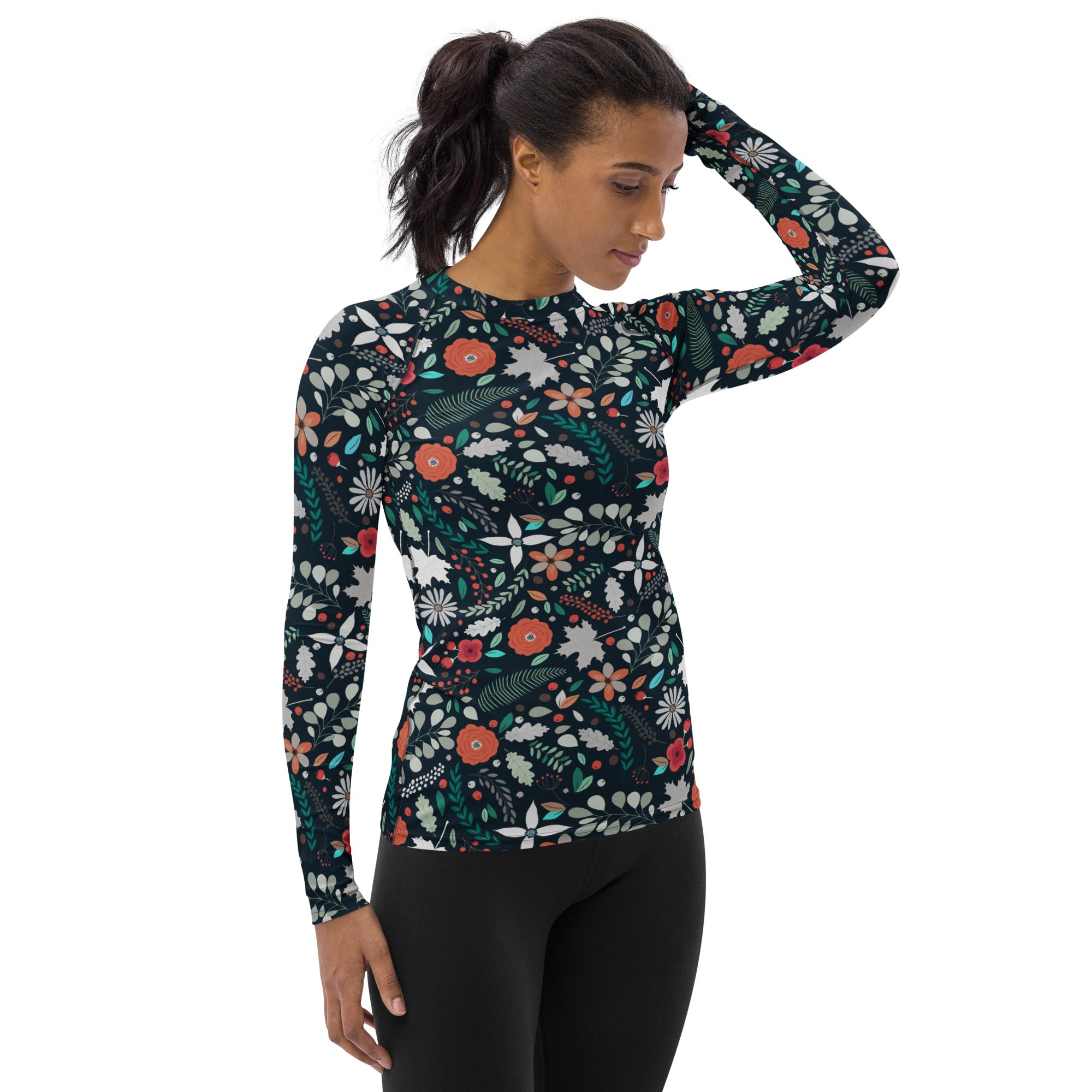 Women's Dark Green Botanical Long Sleeve Rash Guard Swim Shirt – Buttery Soft, Sun Safe UPF 50+ Protection, Quick Dry & 4-Way Stretch Comfort