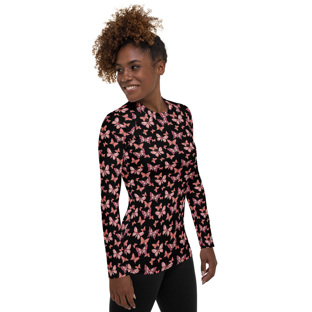Women's Pink Butterfly Long Sleeve Rash Guard Swim Shirt – Buttery Soft, Sun Safe UPF 50+ Protection, Quick Dry & 4-Way Stretch Comfort