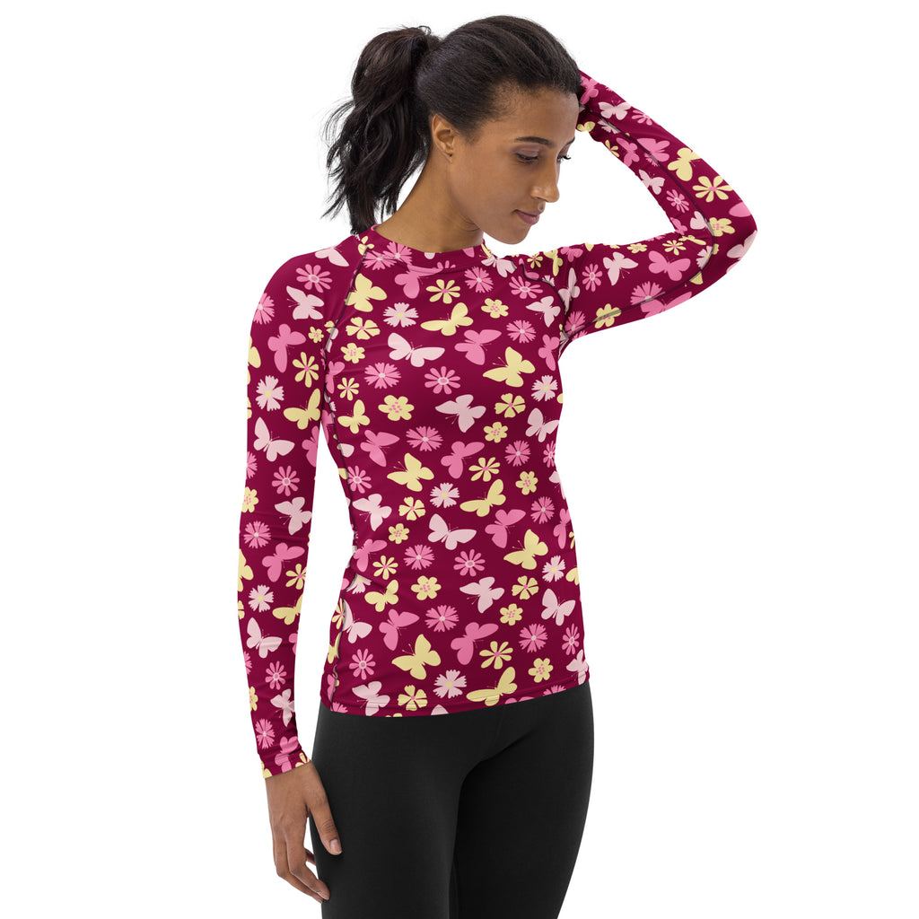 Women's Burgundy Pink Floral Butterfly Long Sleeve Rash Guard Swim Shirt – Buttery Soft, Sun Safe UPF 50+ Protection, Quick Dry & 4-Way Stretch Comfort
