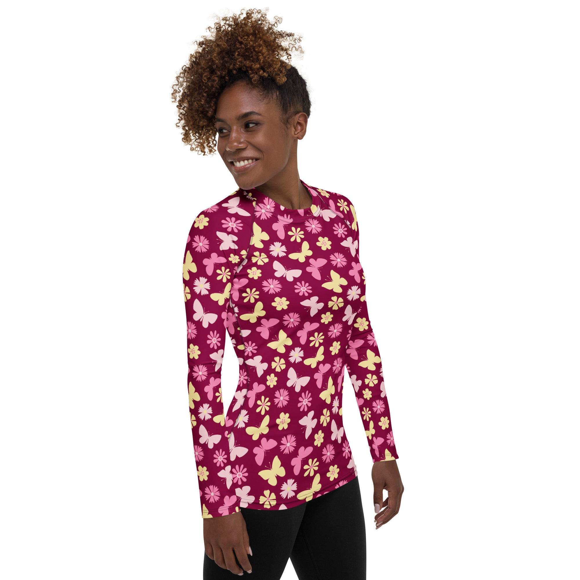Women's Burgundy Pink Floral Butterfly Long Sleeve Rash Guard Swim Shirt – Buttery Soft, Sun Safe UPF 50+ Protection, Quick Dry & 4-Way Stretch Comfort