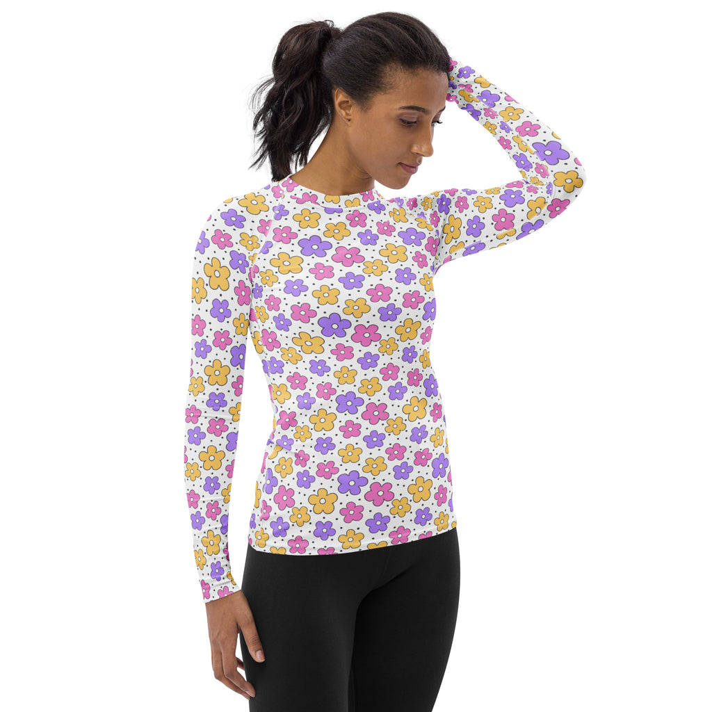 Women's Pink Purple Yellow Retro Flower Long Sleeve Rash Guard Swim Shirt – Buttery Soft, Sun Safe UPF 50+ Protection, Quick Dry & 4-Way Stretch Comfort