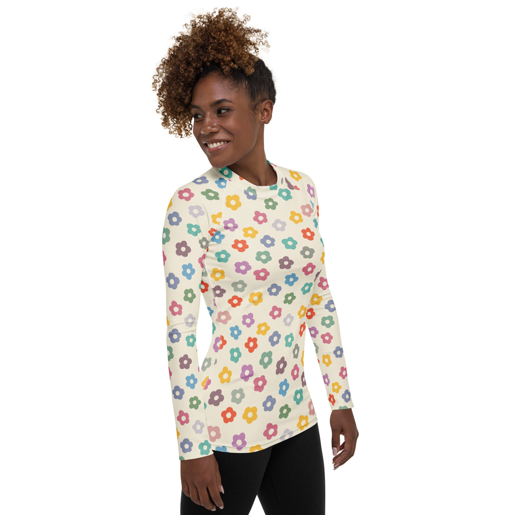 Women's Multicolor Retro Flower Long Sleeve Rash Guard Swim Shirt – Buttery Soft, Sun Safe UPF 50+ Protection, Quick Dry & 4-Way Stretch Comfort