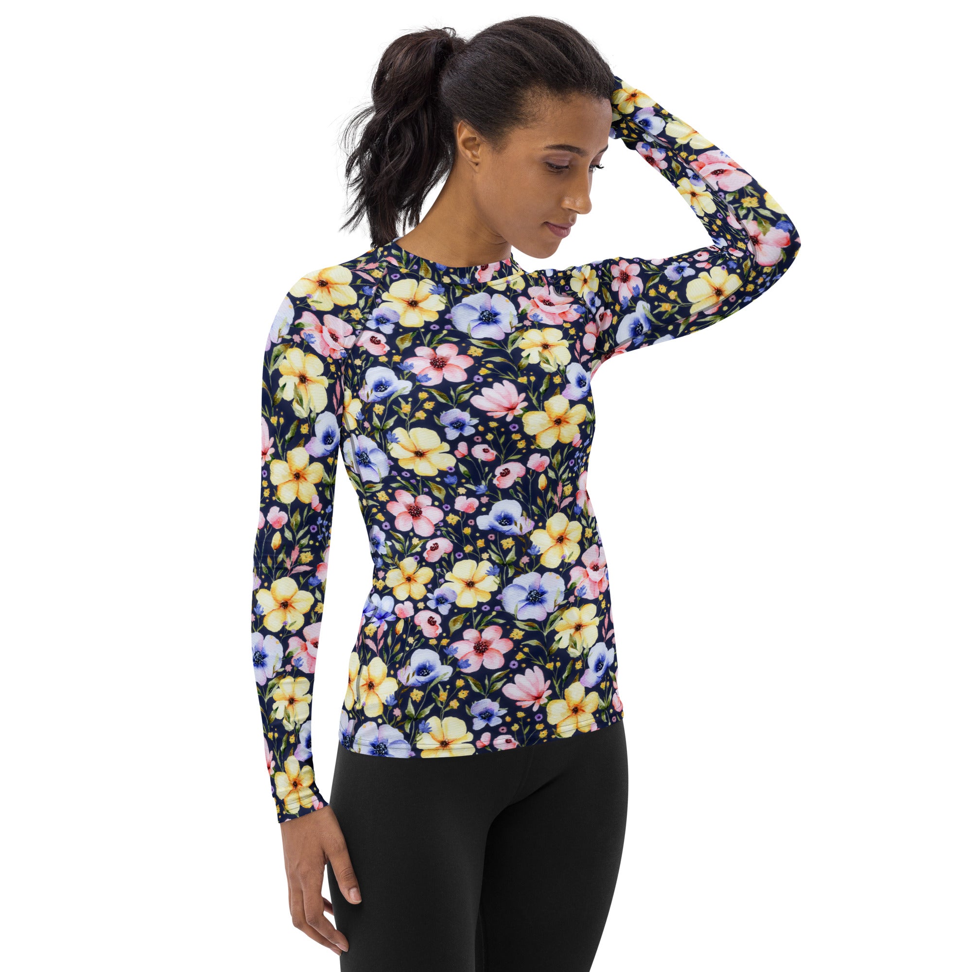 Women's Navy Watercolor Wildflower Long Sleeve Rash Guard Swim Shirt – Buttery Soft, Sun Safe UPF 50+ Protection, Quick Dry & 4-Way Stretch Comfort