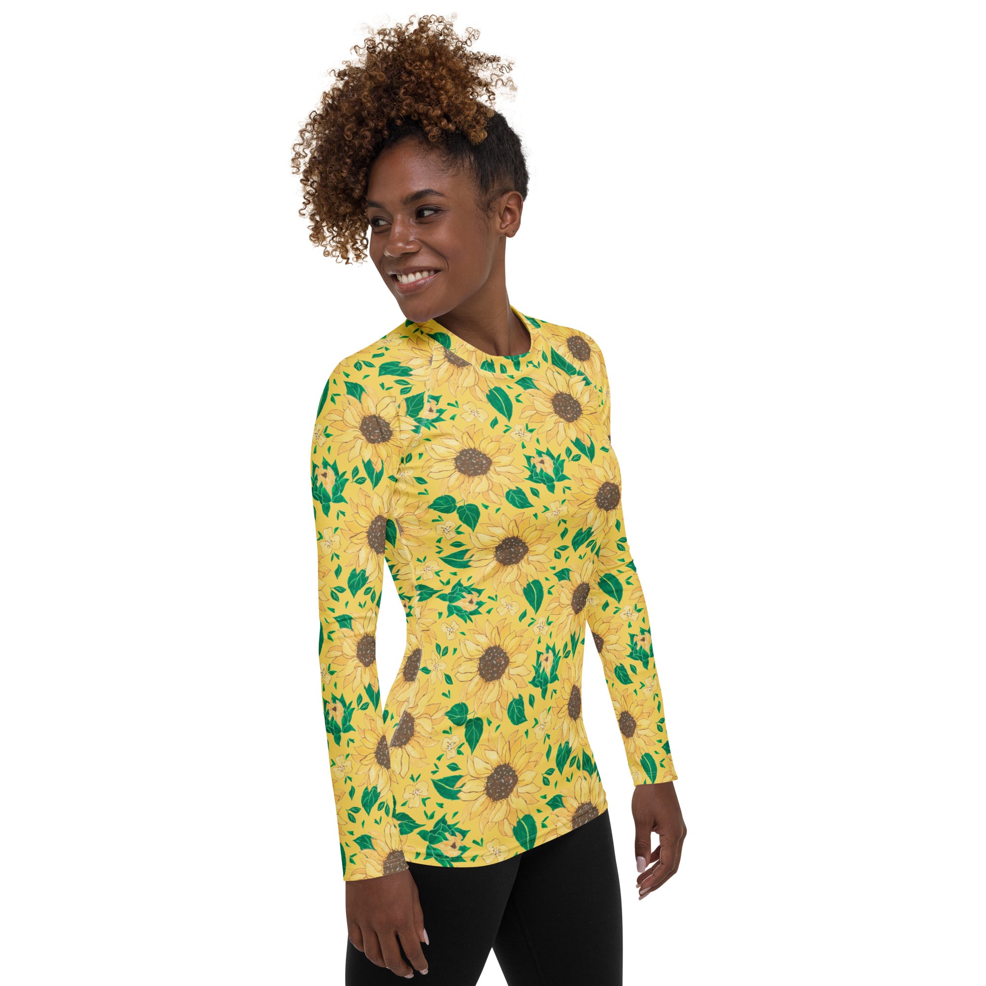 Women's Watercolor Sunflower Long Sleeve Rash Guard Swim Shirt – Buttery Soft, Sun Safe UPF 50+ Protection, Quick Dry & 4-Way Stretch Comfort
