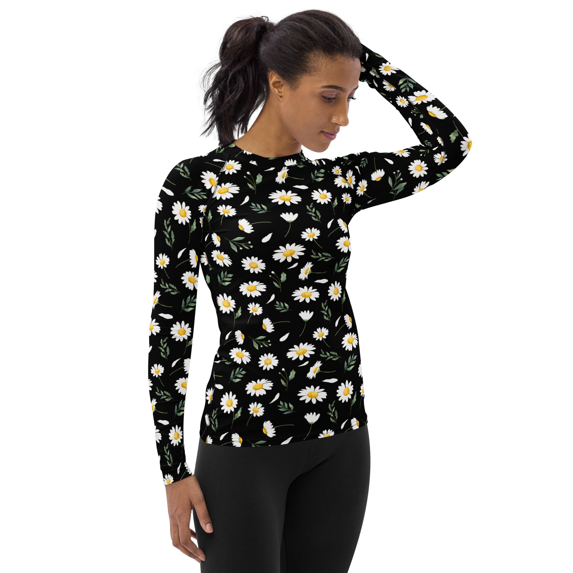 Women's Black Daisy Long Sleeve Rash Guard Swim Shirt – Buttery Soft, Sun Safe UPF 50+ Protection, Quick Dry & 4-Way Stretch Comfort