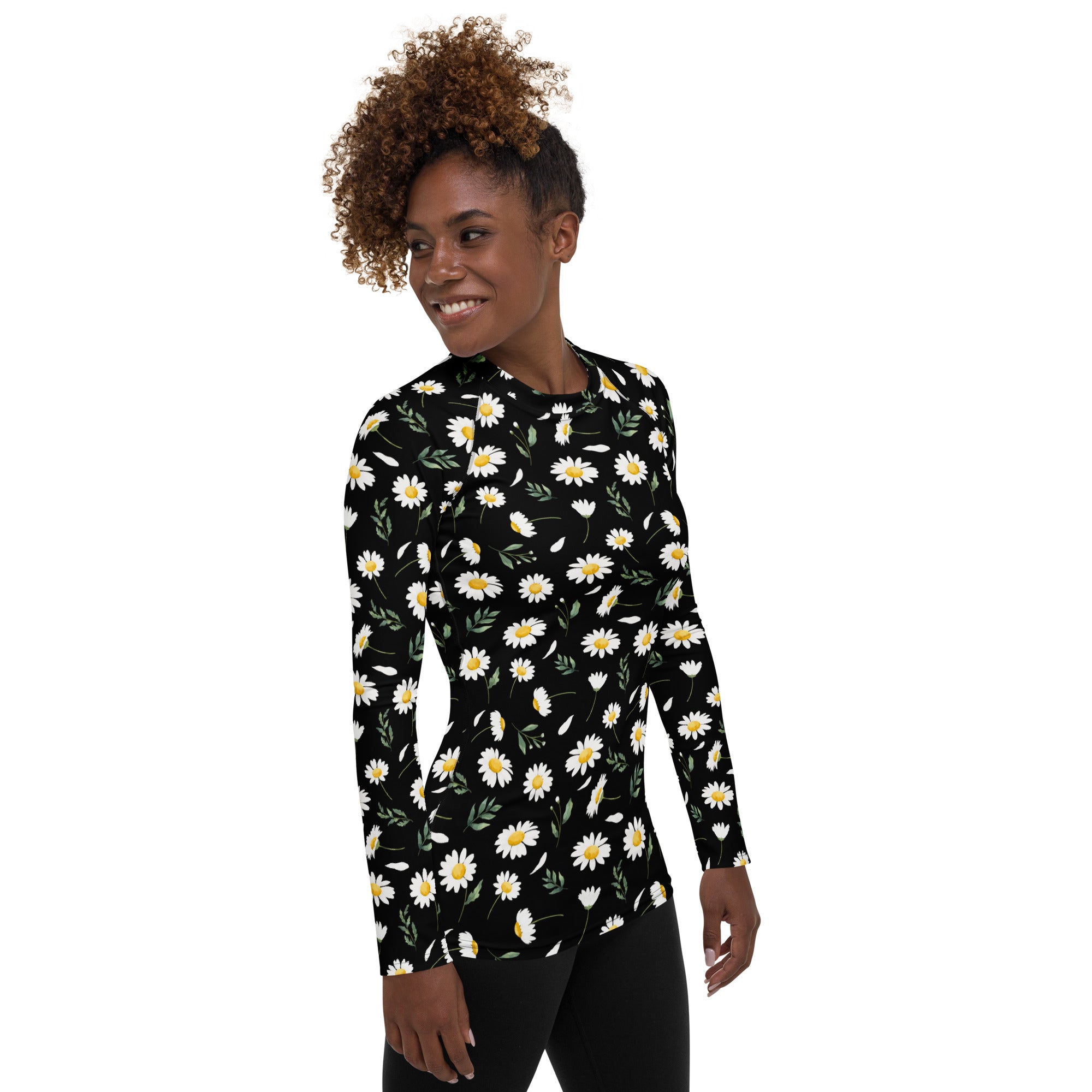 Women's Black Daisy Long Sleeve Rash Guard Swim Shirt – Buttery Soft, Sun Safe UPF 50+ Protection, Quick Dry & 4-Way Stretch Comfort