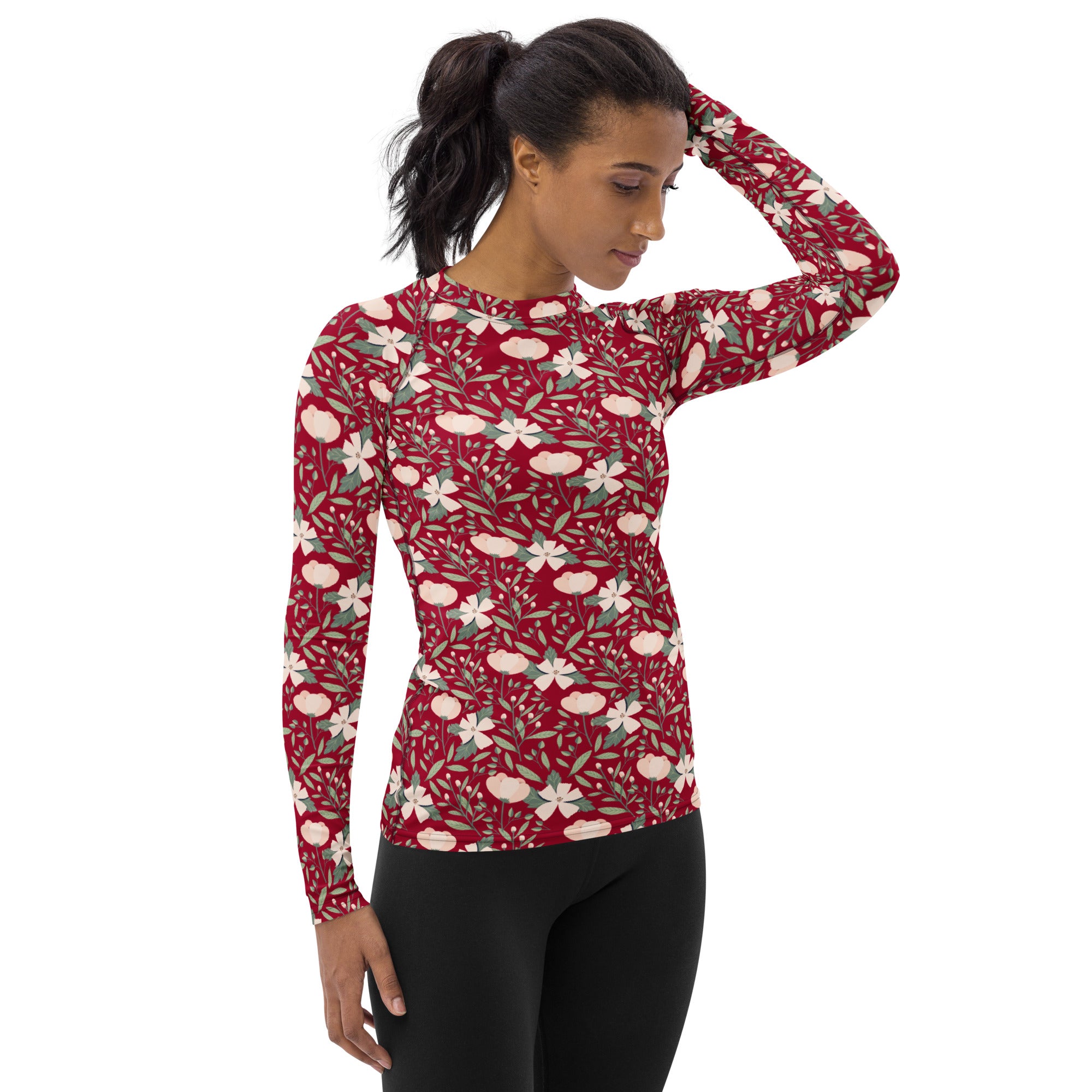 Women's Dark Red Floral Long Sleeve Rash Guard Swim Shirt – Buttery Soft, Sun Safe UPF 50+ Protection, Quick Dry & 4-Way Stretch Comfort