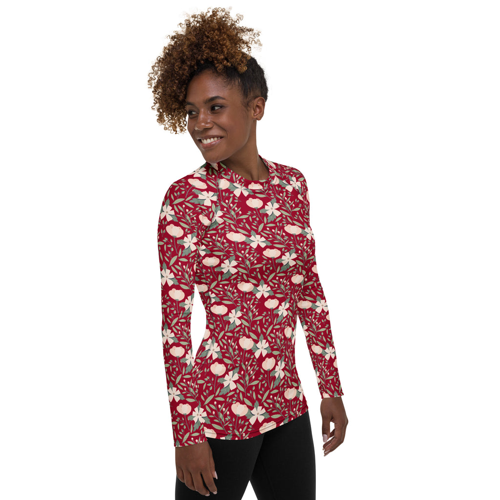 Women's Dark Red Floral Long Sleeve Rash Guard Swim Shirt – Buttery Soft, Sun Safe UPF 50+ Protection, Quick Dry & 4-Way Stretch Comfort