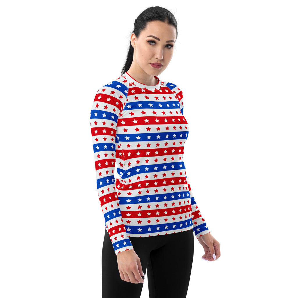 Women's Striped Red White and Blue Stars Long Sleeve Rash Guard Swim Shirt – Buttery Soft, Sun Safe UPF 50+ Protection, Quick Dry & 4-Way Stretch Comfort