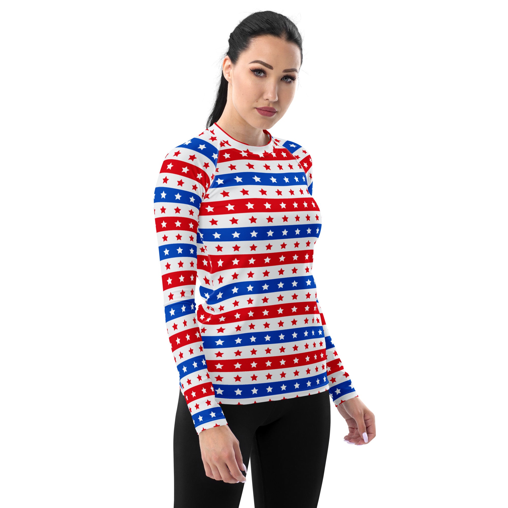 Women's Striped Red White and Blue Stars Long Sleeve Rash Guard Swim Shirt – Buttery Soft, Sun Safe UPF 50+ Protection, Quick Dry & 4-Way Stretch Comfort