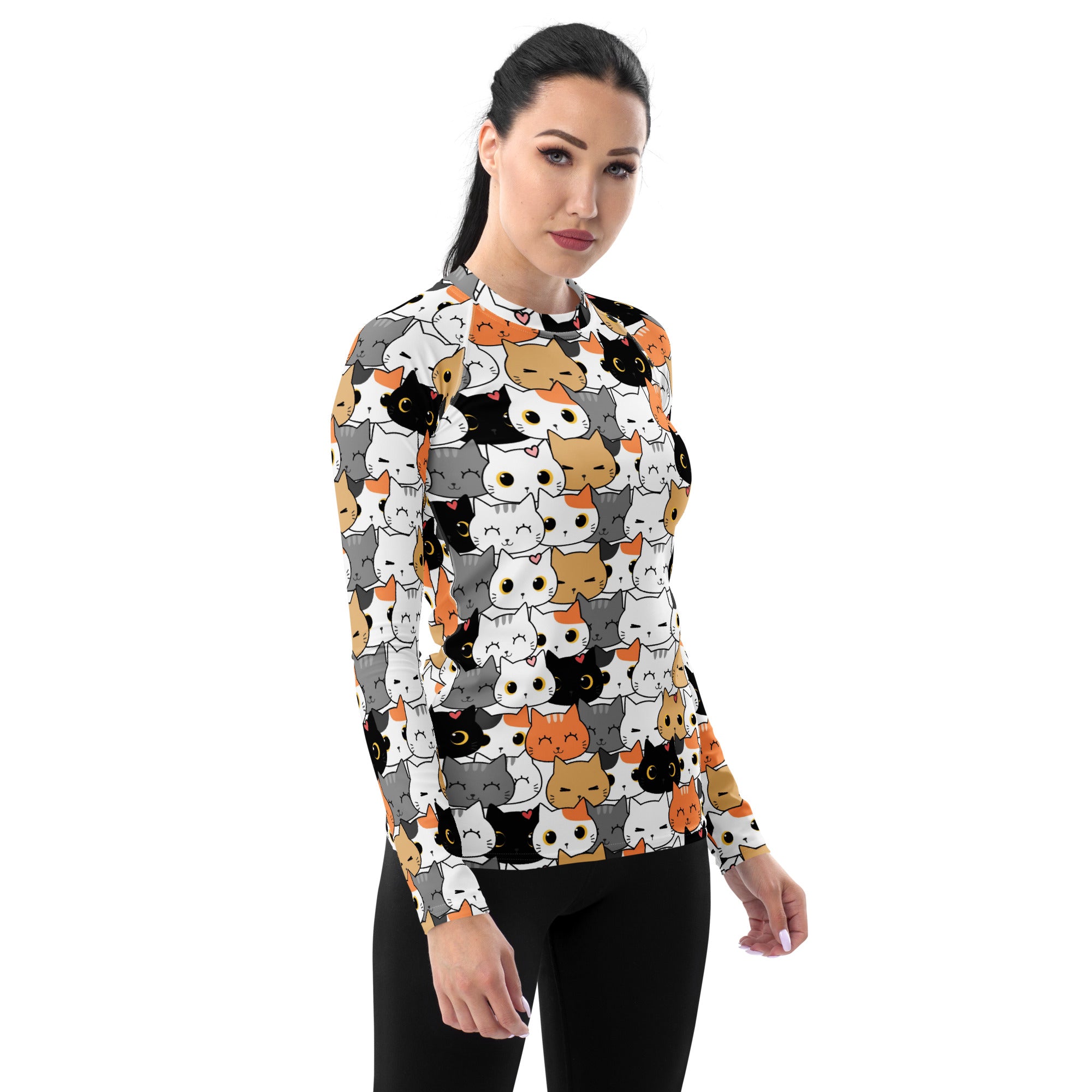 Women's Cat Face Long Sleeve Rash Guard Swim Shirt – Buttery Soft, Sun Safe UPF 50+ Protection, Quick Dry & 4-Way Stretch Comfort