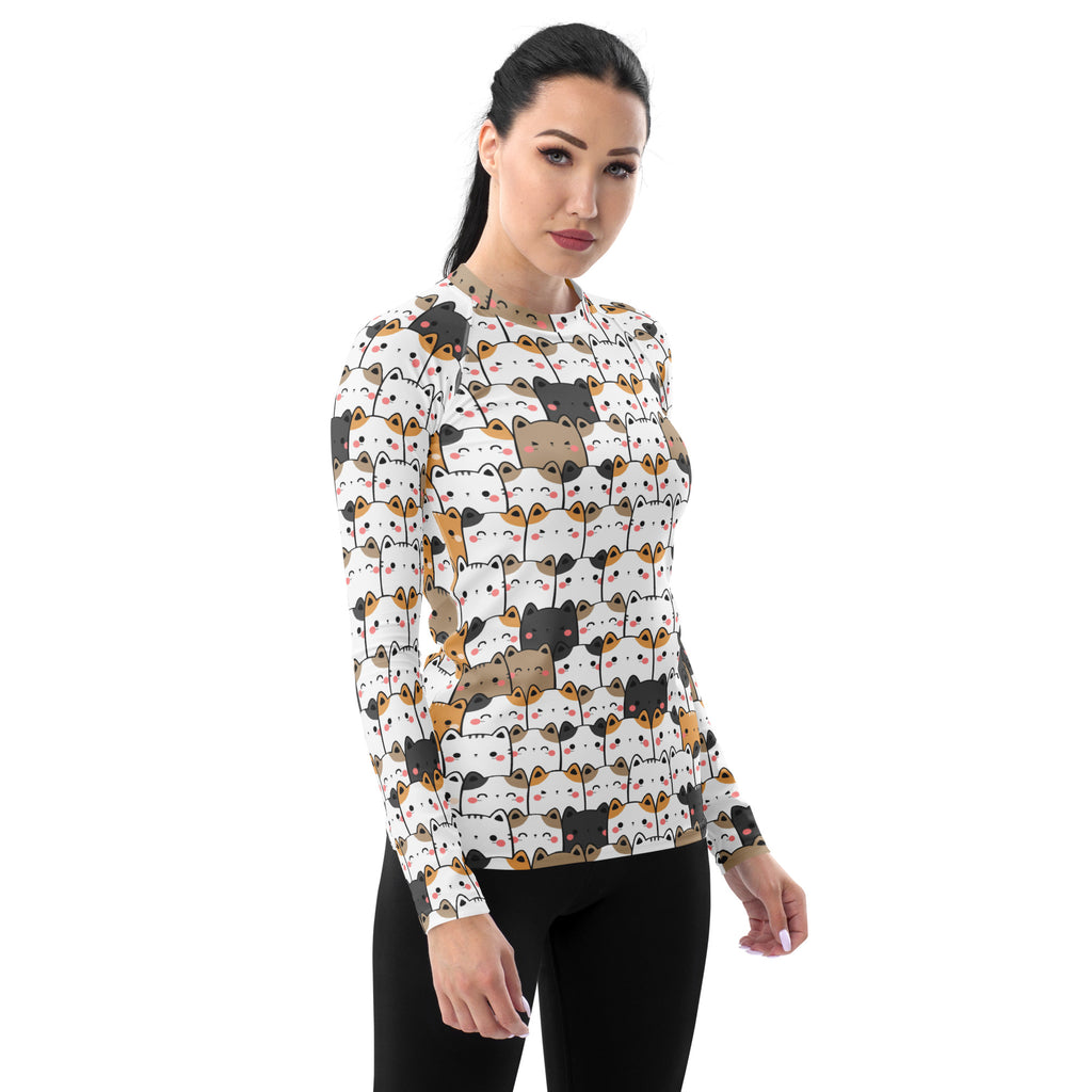 Women's Kawaii Cat Face Long Sleeve Rash Guard Swim Shirt – Buttery Soft, Sun Safe UPF 50+ Protection, Quick Dry & 4-Way Stretch Comfort