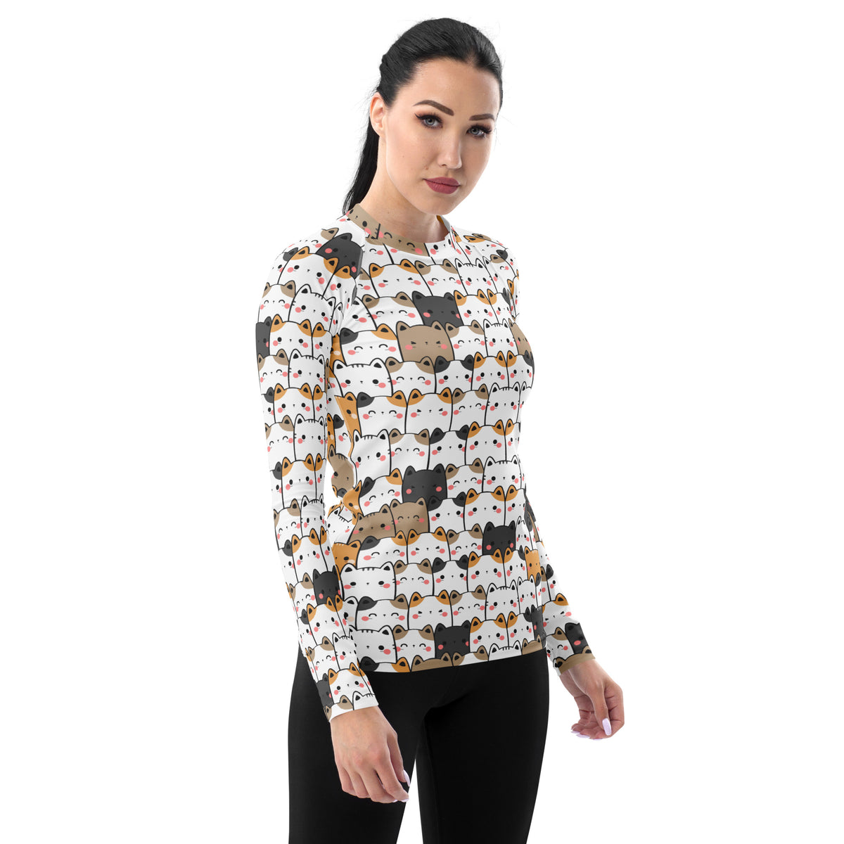 Women's Kawaii Cat Face Long Sleeve Rash Guard Swim Shirt – Buttery Soft, Sun Safe UPF 50+ Protection, Quick Dry & 4-Way Stretch Comfort
