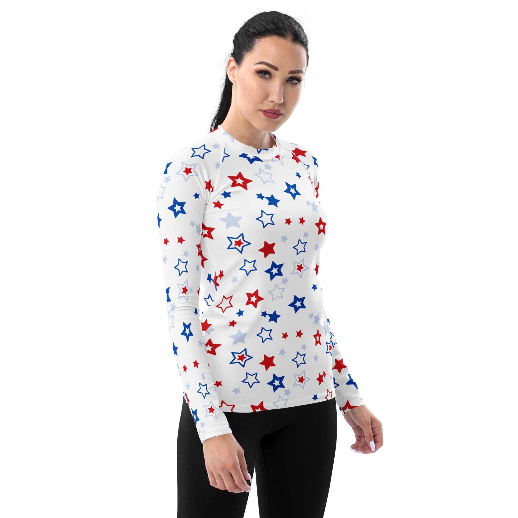 Women's Red White and Blue Stars Long Sleeve Rash Guard Swim Shirt – Buttery Soft, Sun Safe UPF 50+ Protection, Quick Dry & 4-Way Stretch Comfort