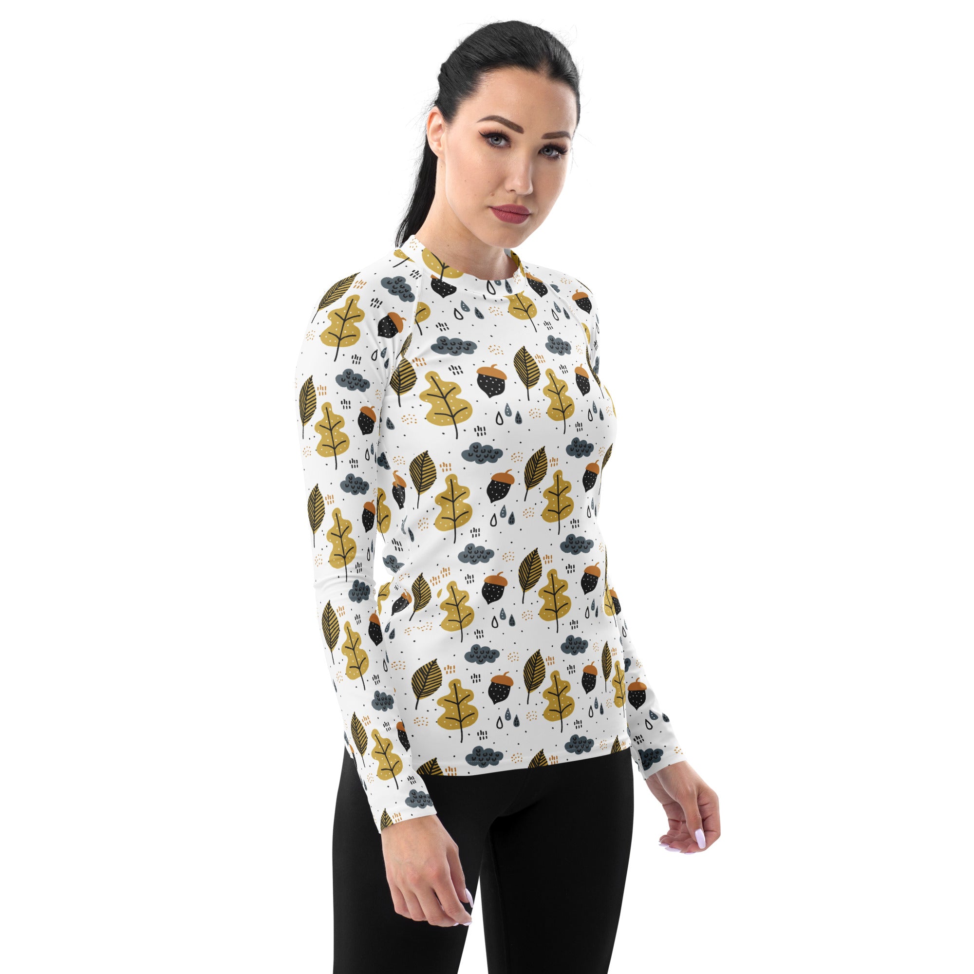 Women's Autumn Leaves and Acorns Long Sleeve Rash Guard Swim Shirt – Buttery Soft, Sun Safe UPF 50+ Protection, Quick Dry & 4-Way Stretch Comfort