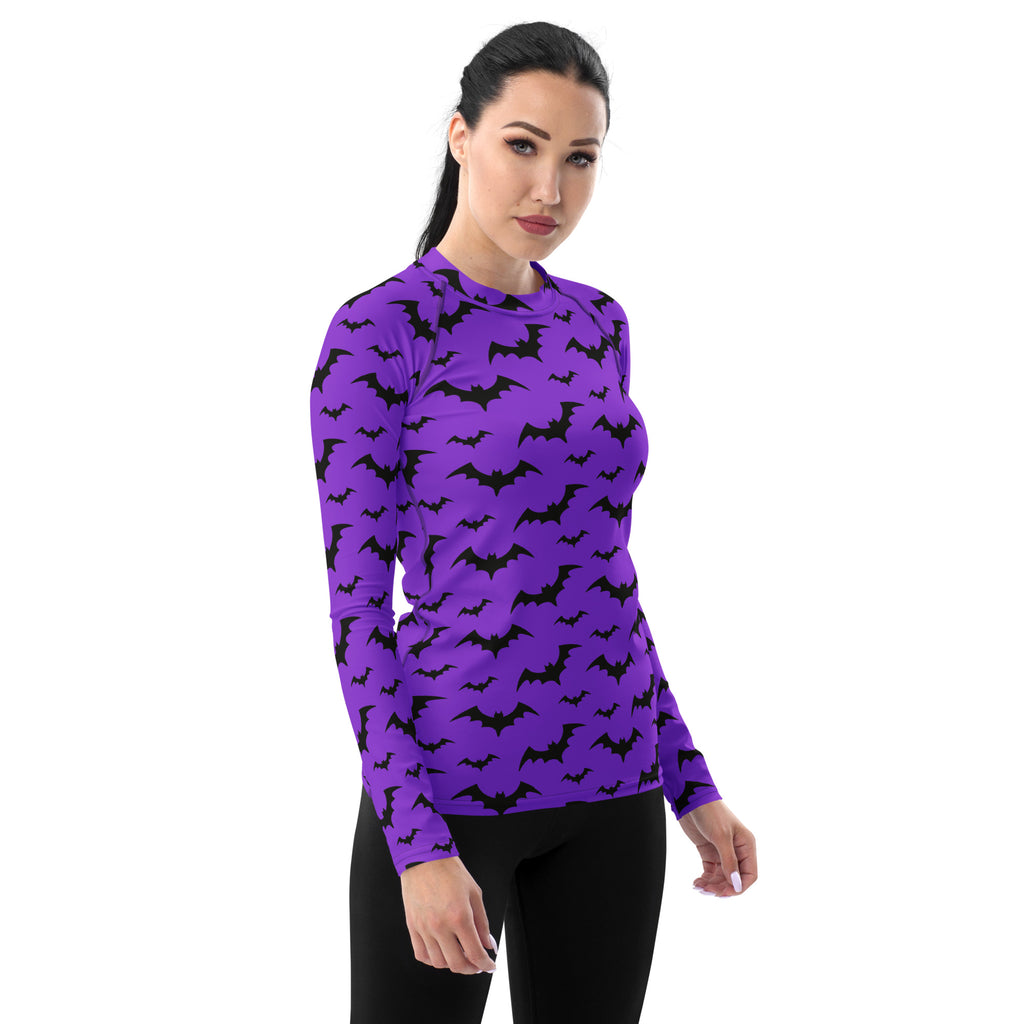 Women's Purple Bat Halloween Long Sleeve Rash Guard Swim Shirt – Buttery Soft, Sun Safe UPF 50+ Protection, Quick Dry & 4-Way Stretch Comfort