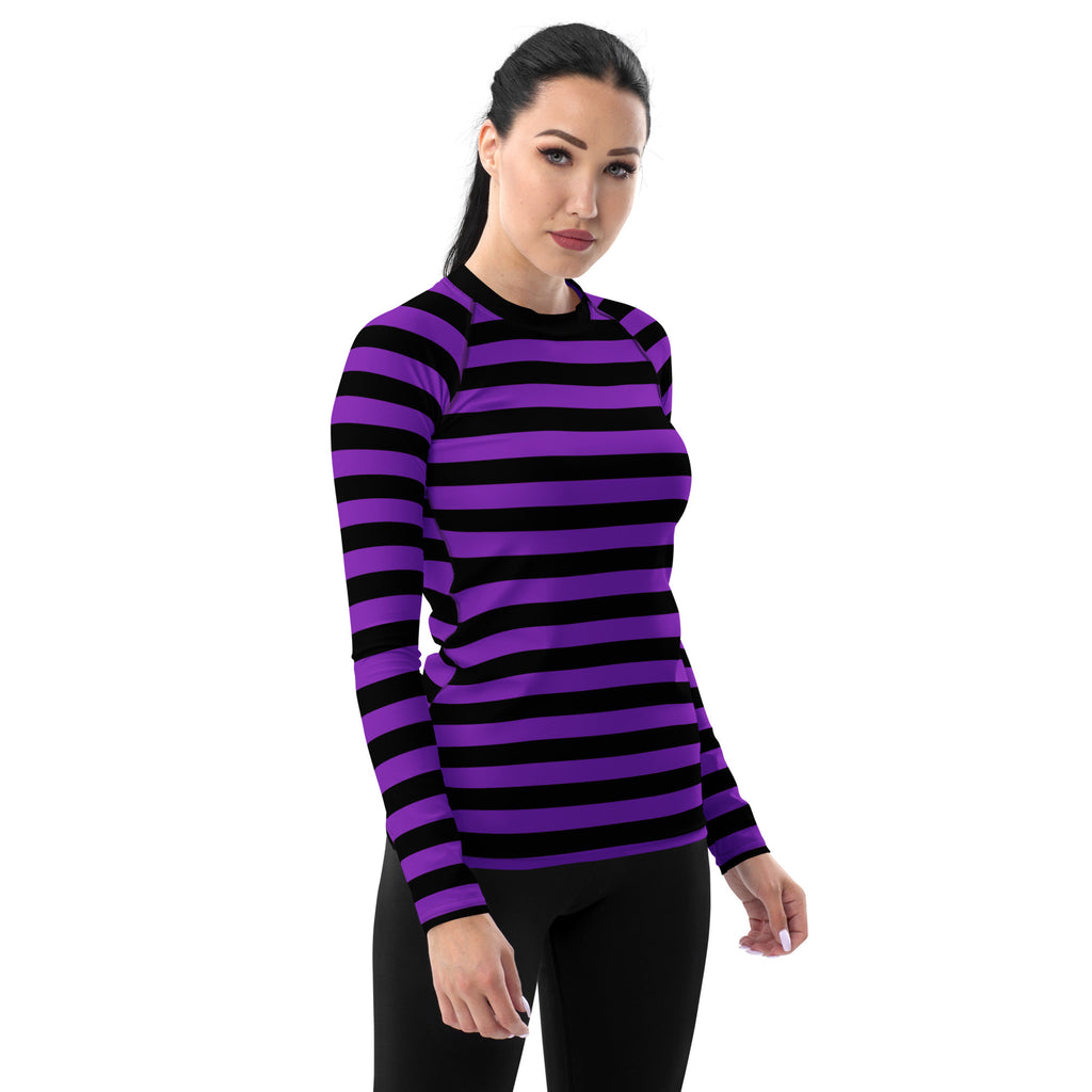 Women's Purple and Black Striped Halloween Long Sleeve Rash Guard Swim Shirt – Buttery Soft, Sun Safe UPF 50+ Protection, Quick Dry & 4-Way Stretch Comfort