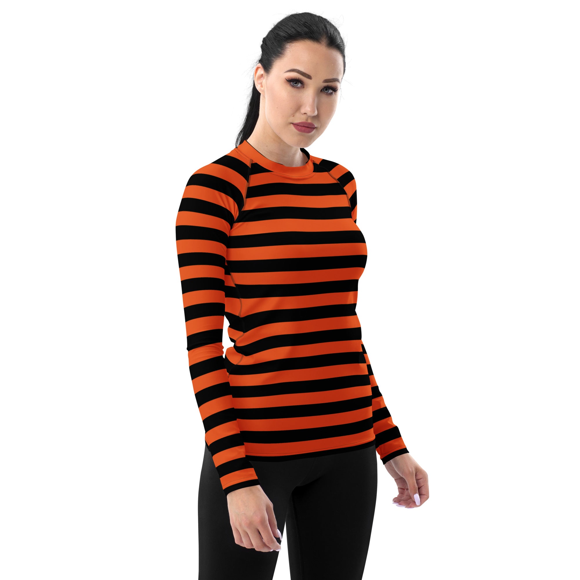 Women's Orange and Black Striped Halloween Long Sleeve Rash Guard Swim Shirt – Buttery Soft, Sun Safe UPF 50+ Protection, Quick Dry & 4-Way Stretch Comfort