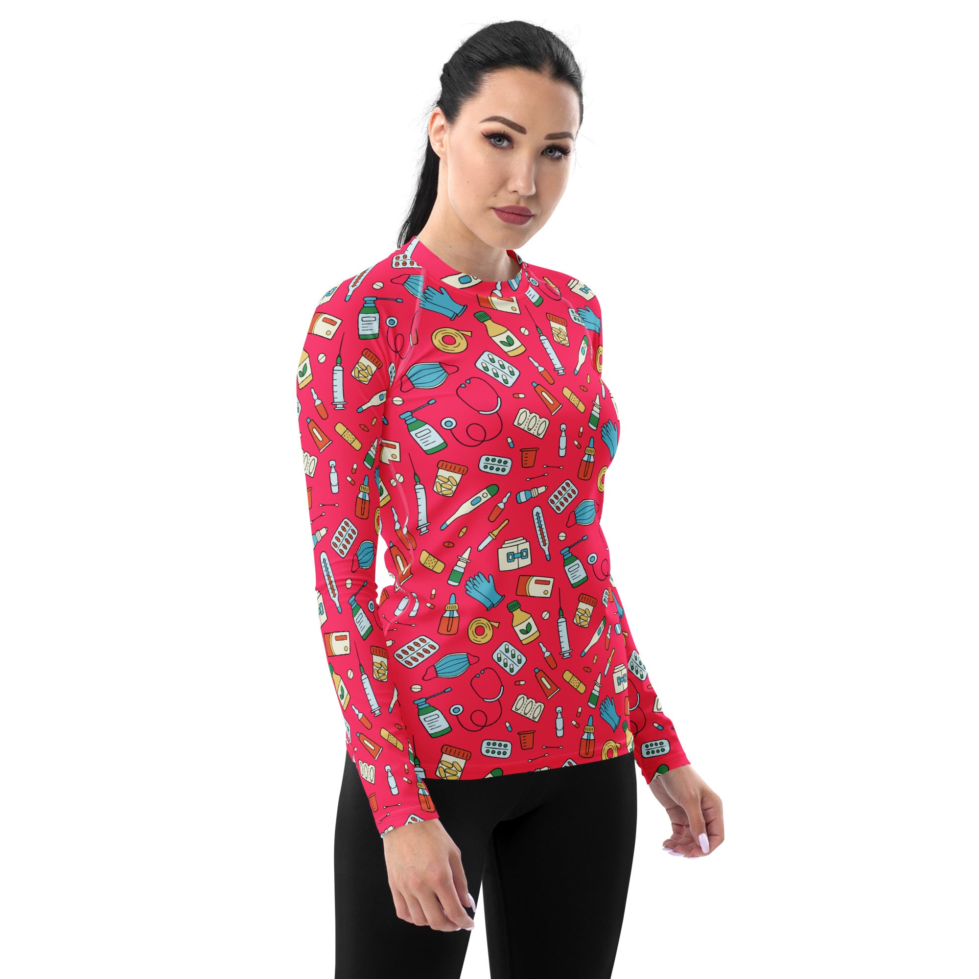 Women's Pink Nurse Themed Long Sleeve Rash Guard Swim Shirt – Buttery Soft, Sun Safe UPF 50+ Protection, Quick Dry & 4-Way Stretch Comfort