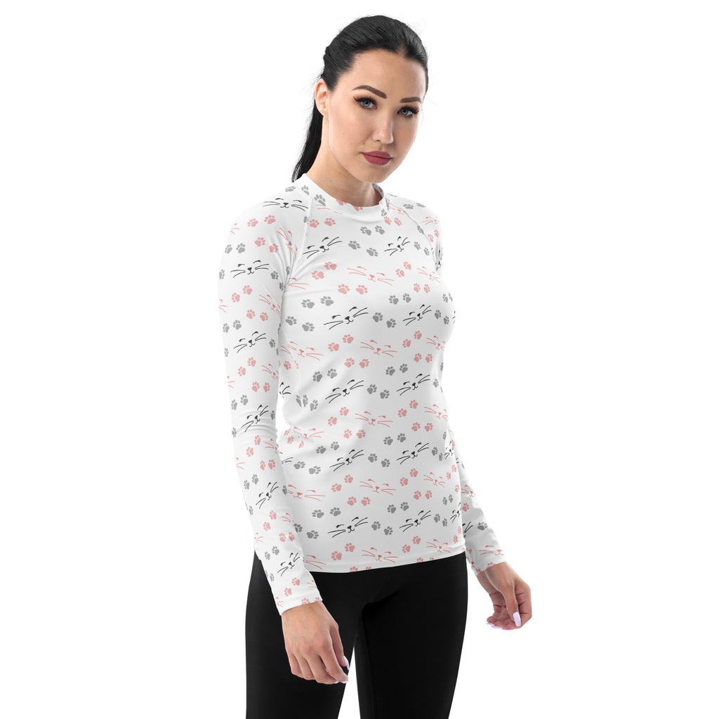 Women's Cat Face and Paw Print Long Sleeve Rash Guard Swim Shirt – Buttery Soft, Sun Safe UPF 50+ Protection, Quick Dry & 4-Way Stretch Comfort
