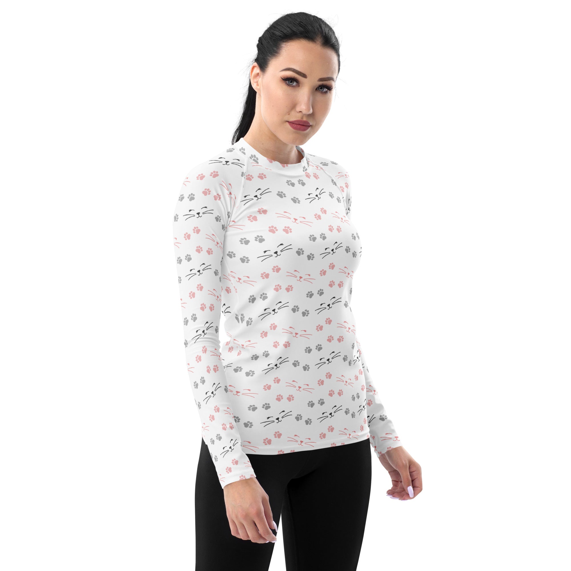 Women's Cat Face and Paw Print Long Sleeve Rash Guard Swim Shirt – Buttery Soft, Sun Safe UPF 50+ Protection, Quick Dry & 4-Way Stretch Comfort