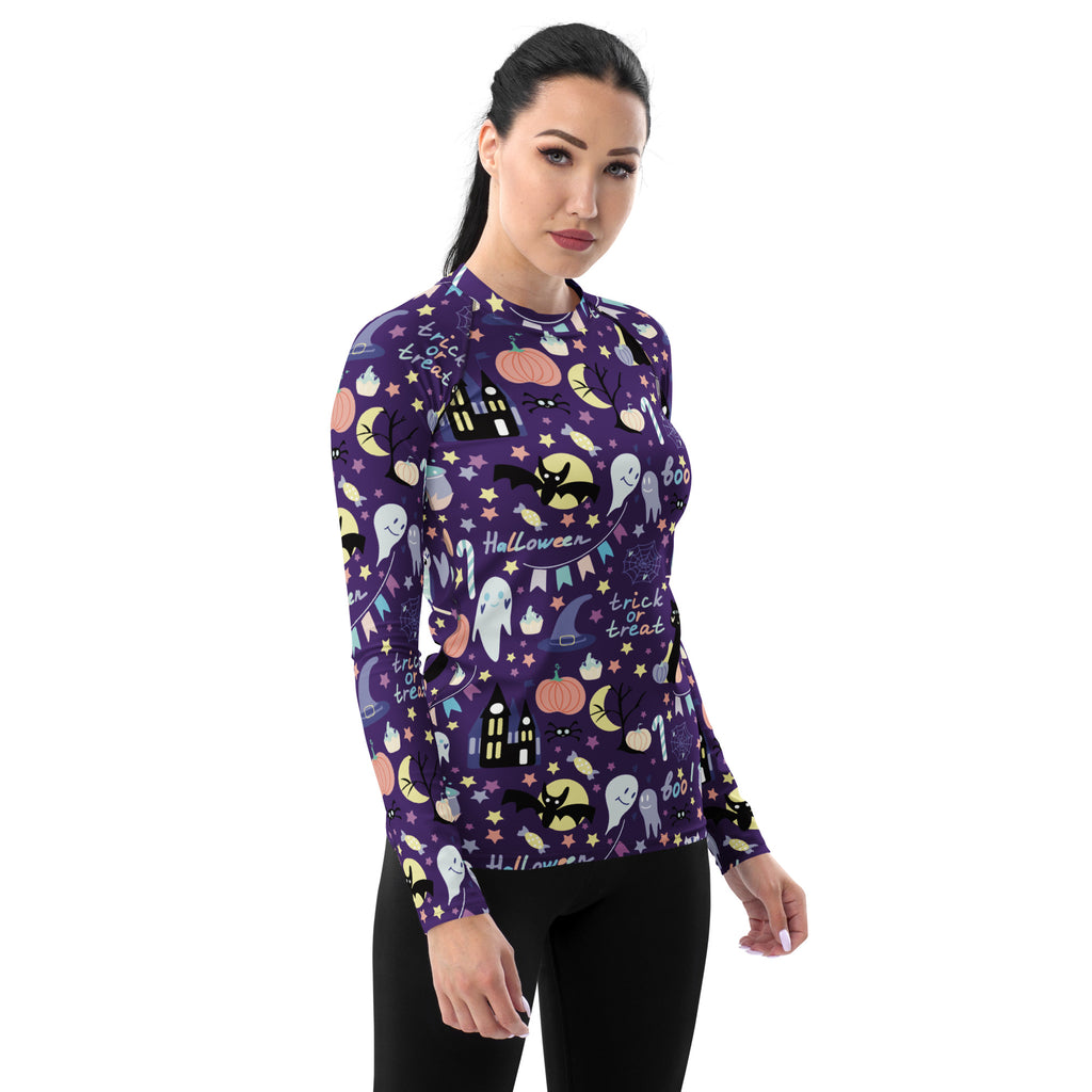 Women's Spooky Halloween Long Sleeve Rash Guard Swim Shirt – Buttery Soft, Sun Safe UPF 50+ Protection, Quick Dry & 4-Way Stretch Comfort